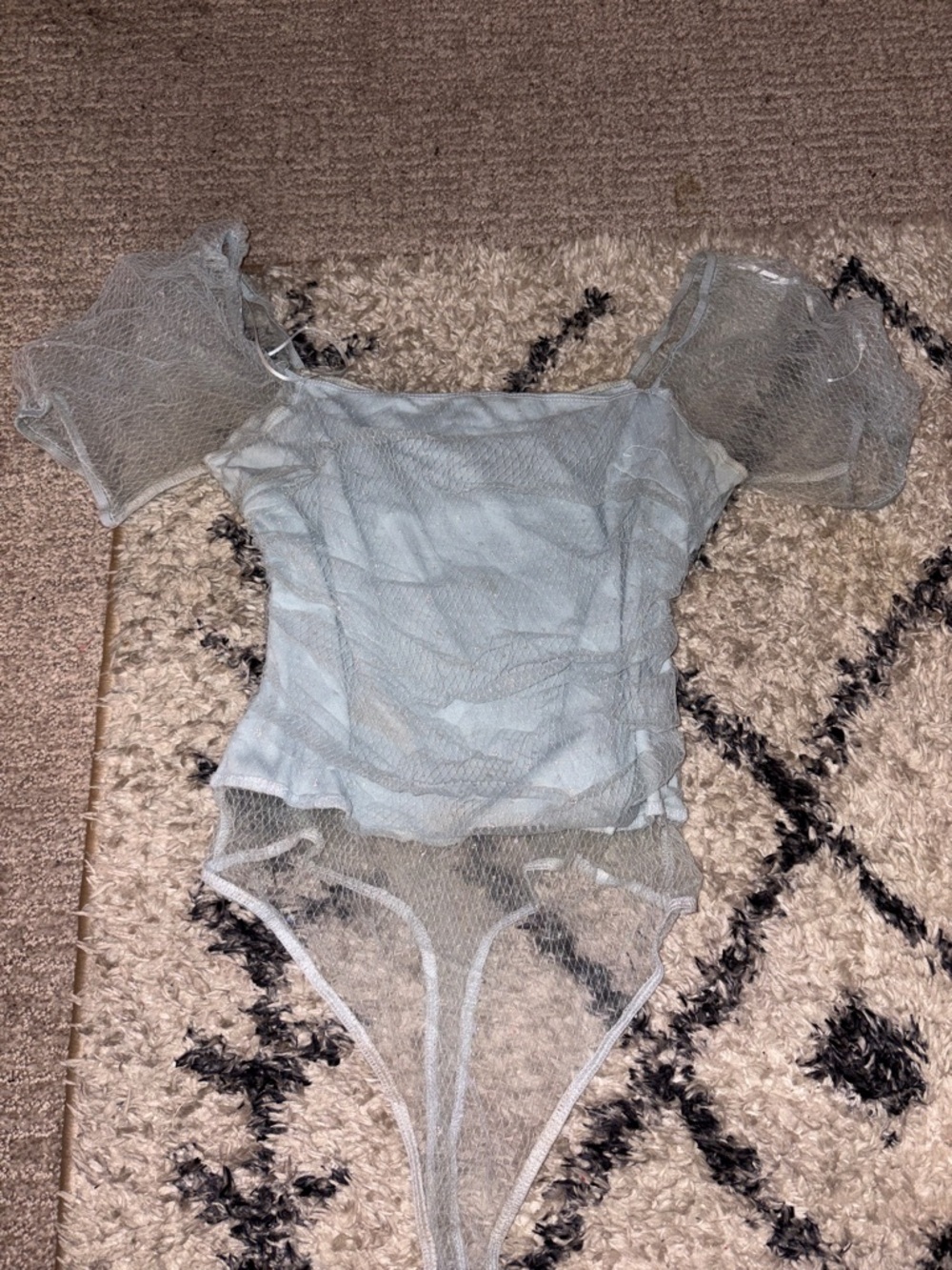 Le Lis Light Blue Sheer Mesh Puff Sleeve Bodysuit
